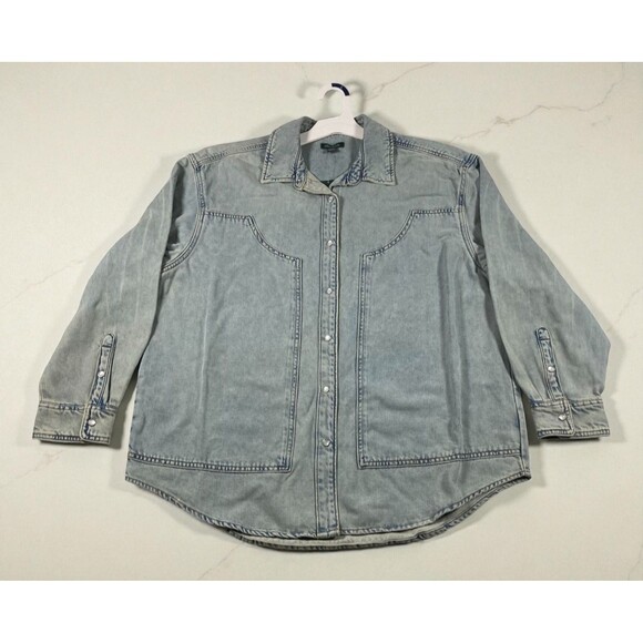 Wild Fable Shacket Shirt Womens L Light Wash Denim Pearl Snap Western Rodeo - Picture 2 of 6
